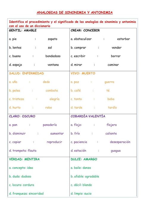 Ejercicios De AnalogíAs De Sinonimia Para Mejorar El Vocabulario