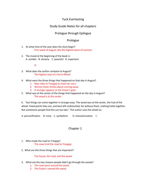 Tuck Everlasting Chapter 1 Quiz And Study Guide