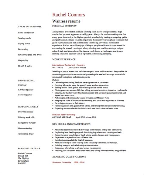 Waitress Resume Summary Pdf Template And Examples